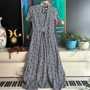 Vintage Studio London Blue and White Boho Floral Checkered Maxi Dress M